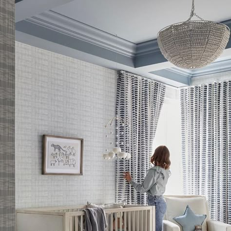 CURTAINS Interiors For Kids by Rebecca Simon on Instagram: "I’m so excited to finally share the full reveal of my recent NYC nursery project. Complete with a baby blue painted coffered ceiling, the most incredible @rebeccaatwooddesigns plaid wallpaper and linen drapery fabric, and my signature mix of contrasting patterns, this room is beyond your regular blue nursery. ⠀⠀⠀⠀⠀⠀⠀⠀⠀ Blue Ceiling Nursery, Painted Coffered Ceiling, Nyc Nursery, Baby Blue Paint, Boys Room Blue, Nursery Accent Wall, Room Photography, Blue Ceilings, Linen Drapery