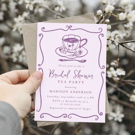 Whimsical Vintage Purple Bridal Shower Tea Party Invitation Grace Picture, Bridal Tea Invitations, Tea Party Bridal Shower Invitations, Blue Bridal Shower Invitations, Tea Bridal Shower Invitations, Green Bridal Showers, Garden Party Bridal Shower, Bridal Shower Tea Party, Pink Bridal Shower Invitations