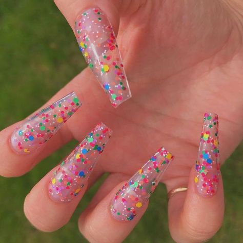 Nails With Confetti, Acrylic Nails Pretty, Nails Clear, Ten Nails, Confetti Nails, Nails Pretty, Fantasy Nails, Transparent Nails, Acrylic Nails Coffin Pink