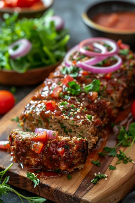 Homemade meatloaf garnished with diced vegetables, herbs, and red onion slices on a wooden board with salad in the background. Turkey Sausage Meatloaf, Meatloaf Recipes Ground Turkey, Minced Turkey Recipes Meals, Turkey And Sausage Meatloaf, Best Turkey Meatloaf Recipes, Ground Chicken Meatloaf Recipes, Simple Turkey Meatloaf, Turkey Dinner Ideas, Healthy Turkey Meatloaf