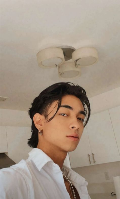 Slick Back Mullet Men, Slicked Back Wavy Hair, Asian Slick Back Hair Men, Sebastian Moy Aesthetic, Long Slick Back Hair Men, Medium Length Mens Hairstyles, Slick Back Men, Medium Length Mullet, Slick Back Hair Men