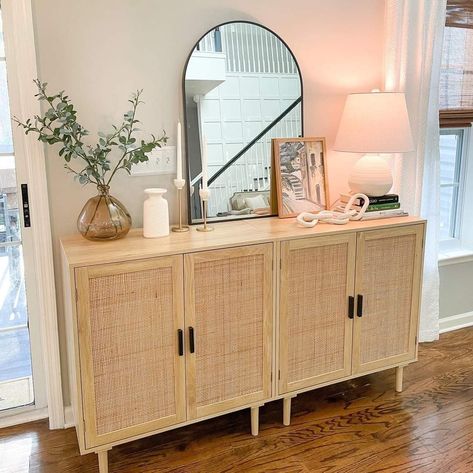 Ikea Living Room Sideboard, Rattan Sideboard Styling, Coastal Buffet Styling, Entryway Cabinet Ideas, Boho Buffet, Boho Sideboard, Buffet Styling, Target Furniture, Sideboard Decor