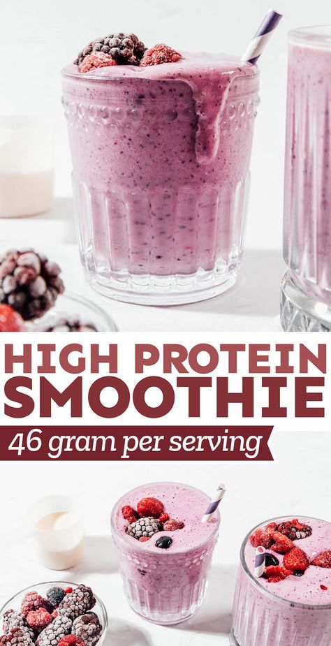 Looking for a quick, protein-packed pick-me-up, you're in the right place. This 5-ingredient protein smoothie recipe is a game-changer. No fuss, no added sugars, just pure, wholesome goodness. Packed with 46 grams of protein per serving, it's a delicious and nutritious way to fuel your day. Hi Protein Smoothies, Tasty Protein Smoothies, 21 Day Fix Smoothie Recipes, Protein Shake Recipes No Powder, Protein Shake With Frozen Fruit, Yummy Protein Smoothies, Smoothie Recipes For Lunch, Smoothie Base Recipe, Berry Vanilla Protein Smoothie