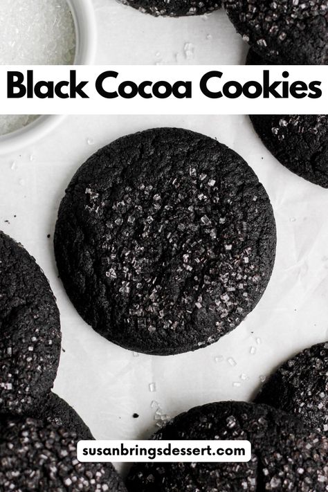 These black cocoa cookies get their stunning black color and Oreo cookie taste from black cocoa powder! The intense chocolate flavor is amazing. They're a great treat any time of year and are especially fun fall cookies to make as Halloween approaches. Dress them up by rolling them in Halloween sprinkles, white sanding sugar, or adding chocolate chips to the dough for a super chocolaty cookie. You can't go wrong! Black Cocoa Cookies, Black Food Ideas, Christmas Sweets Recipes, Black Cocoa Powder, Cookies Shop, Cocoa Powder Recipes, Oreo Cookie Recipes, Charcuterie Ideas, Cookies To Make