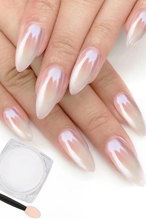 White Vacation Nails, Pearl Chrome Nail, Gel Chrome Nails, Nail Mirror, Pearl Chrome, Nail Vibes, White Chrome Nails, White Tip Nails, Chrome Nail Powder