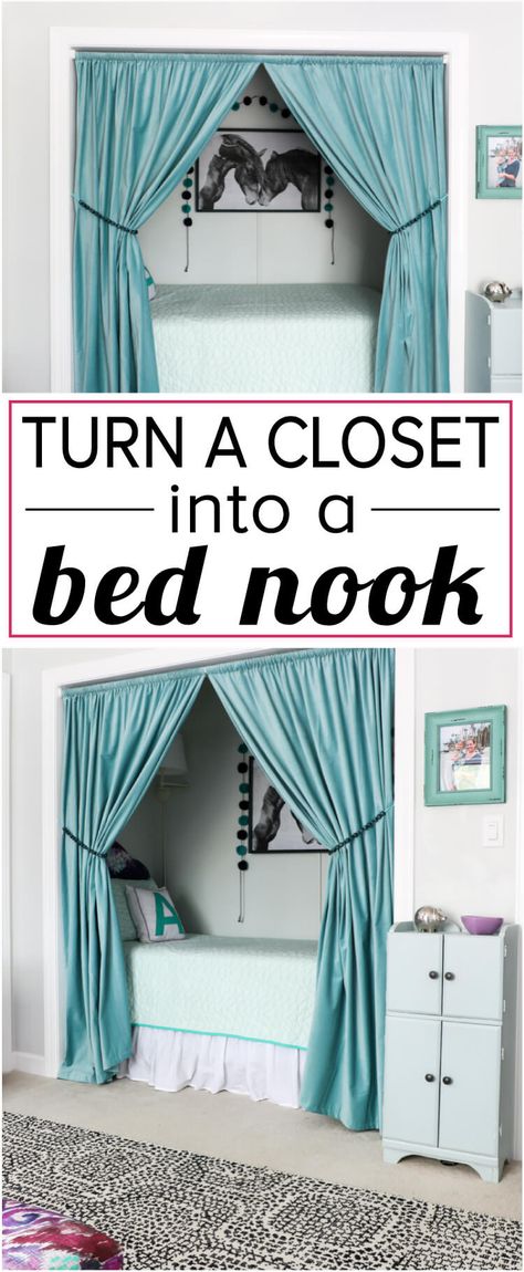 OMG, what kid wouldn't love this cozy bed nook?! L… Closet Bed Nook, Cozy Bed Nook, Apartment Organization Diy, Bed Nook, Head Over Heels In Love, Budget Bedroom, Bed Plans, Bed In Closet, Decor Pillows