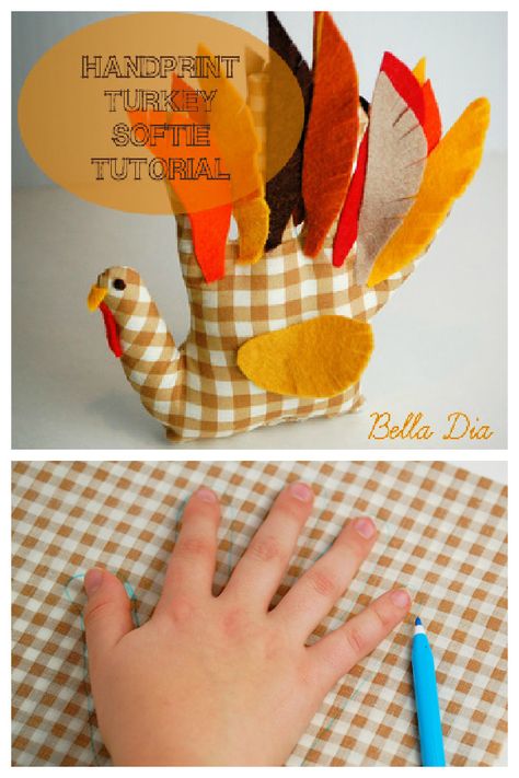 Hand Print Plushie Turkey Free Sewing Tutorial | Fabric Art DIY Handprint Turkey, Hand Turkey, Turkey Handprint, Thanksgiving Turkey Craft, Thanksgiving Crafts Diy, Thanksgiving Projects, Turkey Crafts, Turkey Pattern, Turkey Craft