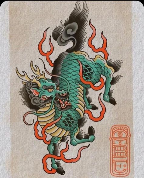 Traditional Japanese Kirin Tattoo, Kirin Tattoo Design, Japanese Kirin Tattoo, Dragon Chino Tattoo, Kirin Tattoo, Japanese Flash, Foo Dog Tattoo Design, Traditional Japanese Tattoo Designs, Foo Dog Tattoo