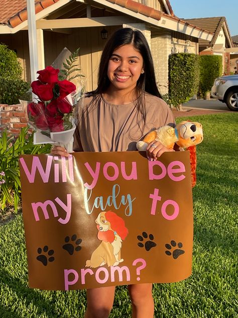 Disney Princess Promposal Ideas, Disney Prom Proposal, Disney Princess Hoco Proposals, Homecoming Proposal Ideas Disney, Disney Themed Promposal, Dog Promposal Ideas, Disney Promposal Ideas, Disney Homecoming Proposal, Rapunzel Promposal