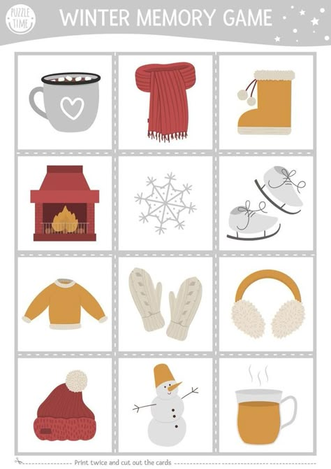 Winter memory game cards with cute season objects. Matching activity with snowman, mittens, cocoa, chimney. Remember and find correct picture card. Christmas printable worksheet for kids. Winter Memory Game Free Printable, Winter Memory Game, Mitten Matching Printable, Winter Pictures For Kids, Memory Games For Kids Printable, Winter Worksheets For Kids, Christmas Memory Game, Printable Memory Game, Snowman Mittens