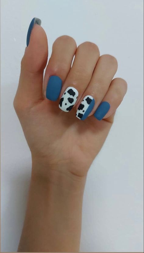 Navy Blue Cow Print Nails, Navy Blue Western Nails, Blue Cow Print Nails, Cow Print Nails, Cowboy Nails, Cow Dress, Cow Stuff, Western Nails, Country Nails