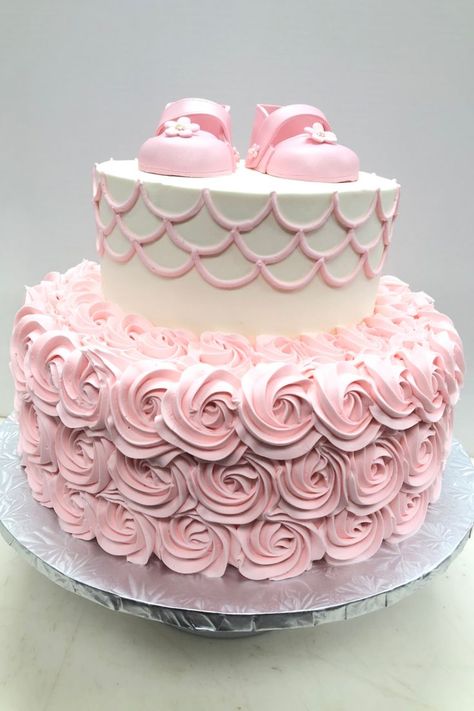 Baby Girl Shower Cake, Fondant Shoes, Buttercream Rosettes, Girl Shower Cake, Cake 3d, Small Birthday Cakes, Chocolate Cake Designs, 2 Tier Cake, Baby Shower Cakes Girl