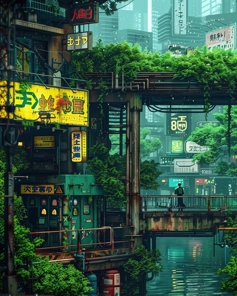 silent streets, neon dreams #digitalart #urbanjungle #cyberpunkart #cityscape #animelovers #techart #aiartcommunity #futuristic #cyberpunkaesthetic #cyberpunk #nightscape Green Dystopian City, Cyberpunk Neighborhood, Cyberpunk Dystopia City, Cyberpunk Countryside, Abandoned Futuristic City, Biopunk City Concept Art, Overgrown Cyberpunk City, Cyberpunk Nature Aesthetic, Cyberpunk Background Landscape