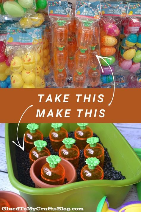 I call this our Carrot Garden Sensory Bin and it's simple & inexpensive to pull together. In fact - all the supplies came from Dollar Tree! Grocery Sensory Bin, Toddler Easter Lesson Plan, Plants Sensory Activities, Easter Sensory Table Preschool, Easter Preschool Sensory Bin, Preschool Spring Sensory Bin, Sensory Bin Learning Activities, Easter Theme Sensory Bin, Easter Ideas For 2 Year