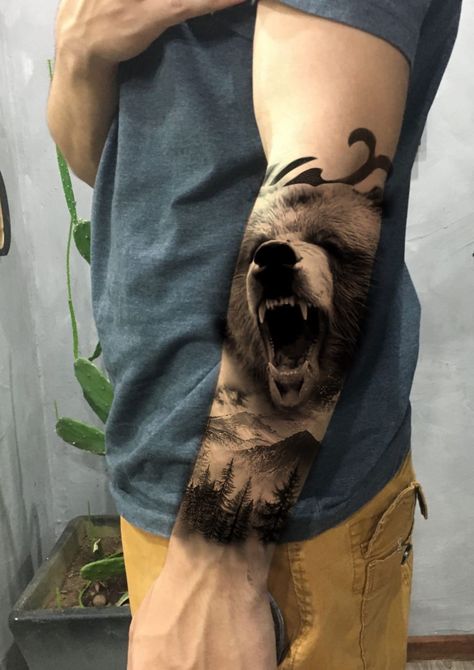 Bear Tattoos For Men Arm, Bear Half Sleeve Tattoo, Bear Tattoos For Men, Grizzly Tattoo, Word Tattoos On Arm, Beer Tattoo, Grizzly Bear Tattoos, Indian Girl Tattoos, Wolf Sleeve