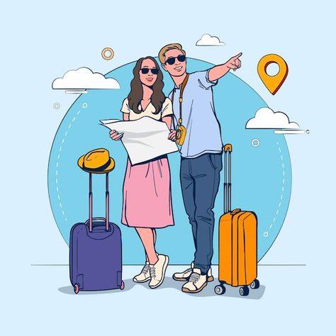 Couple Travel Illustration, Traveling Couple, Travel Vector, Man Illustration, Planner Scrapbook, Couple Illustration, Funny Illustration, Travel Illustration, Caption Quotes