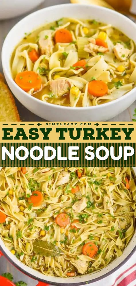 Turkey Noodle Soup, comfort food recipes, simple dinner recipes Homemade Turkey Noodle Soup, Easy Turkey Soup, Leftover Turkey Soup, Turkey Noodle Soup, Leftover Thanksgiving, Turkey Soup Recipe, Noodle Soup Recipe, Leftover Turkey Recipes, Easy Turkey