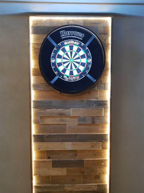 Dart Board Lighting Ideas, Pallet Dart Board Wall, Dart Board Backboard Diy, Dart Board Wall Diy, Dart Board Cupboard, Darts Board Ideas, Dart Board Wall Ideas, Darts Room, Dartboard Wall Protector