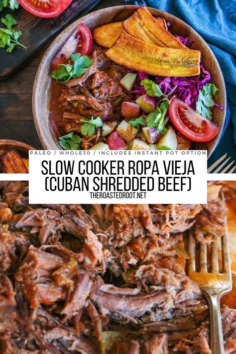 Slow Cooker Ropa Vieja (Cuban Shredded Beef) is an easy, amazing shredded beef recipe loaded with flavor! Post includes an Instant Pot option. Keto, Paleo, Whole30, healthy and delicious! #cuban #cubanfood #beef #recipe #crockpot #instantpot #instantpotbeef Slow Cooker Latin Recipes, Colombian Crockpot Recipes, Beef Machaca Slow Cooker, Crock Pot Ropa Vieja, Cuban Beef Slow Cooker, Cuban Shredded Beef, Slow Cooker Beef Shoulder Roast, Cuban Ropa Vieja Recipe Slow Cooker, Cuban Crockpot Recipes