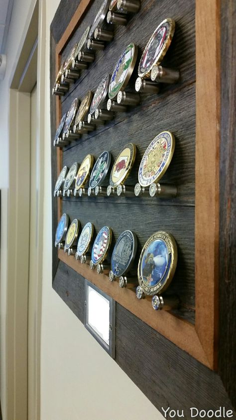 Coin Display Ideas, Military Coin Display, Belt Buckle Display, Challenge Coin Holder, Military Shadow Box, Military Coins, Challenge Coin Display, Award Display, Military Decor