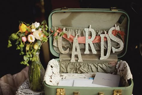 Instead of cards...it can say honeymoon fund...or Bon Voyage?! Anniversary Party Ideas, Grad Party Ideas, Vintage Suitcase, Wedding Shower Ideas, 50th Wedding Anniversary, Anniversary Ideas, 60th Anniversary, Graduation Party Ideas, 50th Wedding