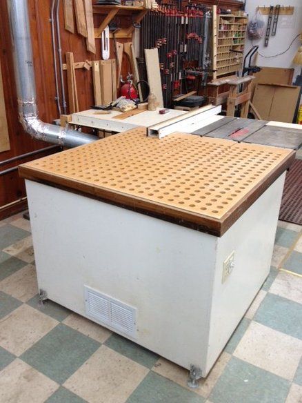 outfeed/downdraft sanding table Sanding Station, Sanding Table, Downdraft Table, Diy Sanding, Work Shop Ideas, Wood Shop Ideas, Jigsaw Projects, Woodworking Jigsaw, Woodworking Equipment