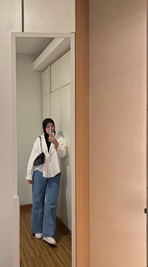 Blue jeans, white shirt, hijab outfit Oversized White Shirt Outfit Hijab, White Jeans Outfit Hijab, White Shirt And Jeans Outfit Hijab, White Chemise Outfit Hijab, Blue Shirt Outfit Hijab, Outfit Jeans Biru, Blue Jeans Outfit Hijab, White Shirt Outfit Hijab, Blue Jeans White Shirt Outfit