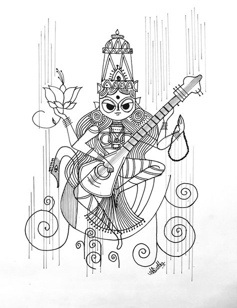 Saraswati Saraswati Sketch, Saraswati Tattoo, Navratri Painting, Saraswati Drawing, Saraswati Art, Abstract Pencil Drawings, Pen Art Work, Indian Art Gallery, Pen Art Drawings