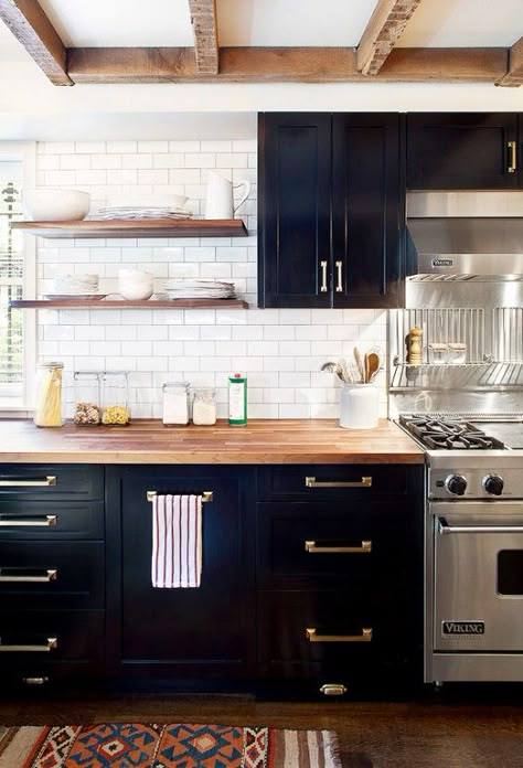 9 Ways to Make Your Kitchen Look More Expensive via @domainehome Kitchens With Butcher Block Countertops, Butcher Block Countertops Kitchen, Kitchen Dark, Kitchen Ikea, Interior Boho, Kabinet Dapur, Decor Ikea, Kitchen Gallery, Subway Tiles