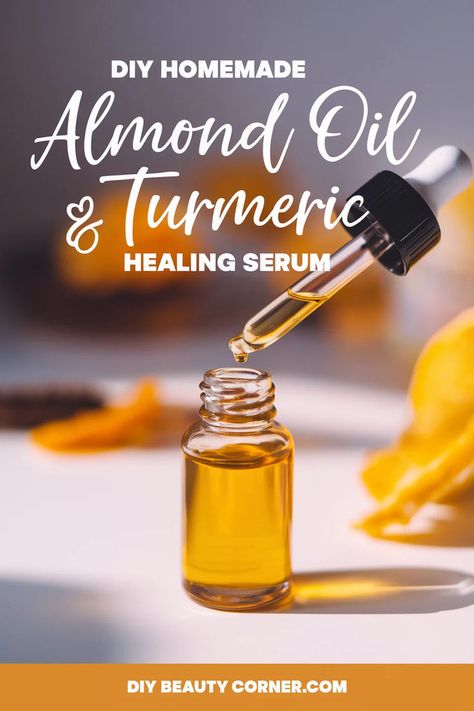 DIY Almond Oil & Turmeric Healing Serum Recipe Tumeric Oil Recipes For Skin, Homemade Serum For Glowing Skin, Skin Oil Diy, Homemade Face Serum, Benefits Of Almond Oil, Essential Oil Face Mask, Facial Serum Diy, Diy Skin Tightening, Face Serum Recipe