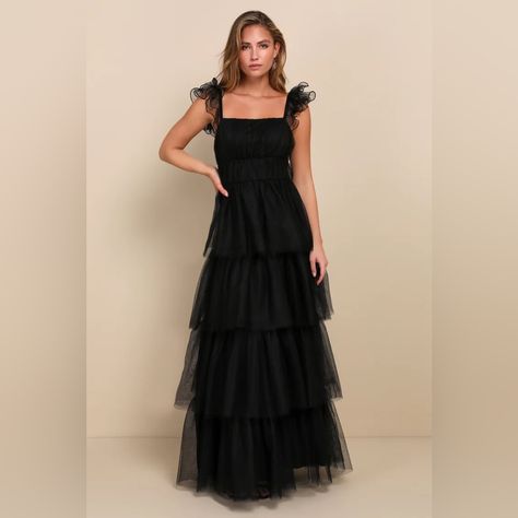 We're Totally Head Over Heels For The Lulus Tulle For Love Black Mesh Tulle Tiered Ruffled Maxi Dress And We Think You Will Be Too! Lightweight Tulle And Airy Mesh Come Together To Shape This Stunning Dress. Elasticized Straps Boast Sculptural Ruffled Trim As They Support A Bodice With A Square Neckline (With Hidden No-Slip Strips) And An Empire Waist. Skirt Has A Voluminous Tiered Design, Finishing At A Maxi Hem. Hidden Zipper/Clasp At Side. Interior Brand Tag Has Been Cut In Two, See Photo. Nw Romantic Forest, Prom 2024, Junior Prom, Lulu Fashion, Prom Inspo, Dark Romantic, Lulus Dresses, Cute Prom Dresses, Maxi Dress Wedding