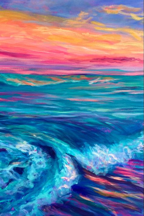 Bright pink sunset over the ocean. Original acrylic painting g Colorful Ocean Painting, Vibrant Acrylic Painting, Ocean Sunset Paintings Acrylics, Random Painting Ideas, Random Painting Ideas On Canvas, Acrylic Sunset Painting, Ocean Sunset Painting, Ocean Abstract Painting, Vivid Art