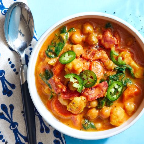 Curried Chickpea Stew Recipe - EatingWell Lenten Meals, Fiber Rich Vegetables, Soup Night, Chili Stew, Soup Weather, Mediterranean Chickpea, Meatless Dishes, Vegetarian Ideas, Vegetarian Meal Plan