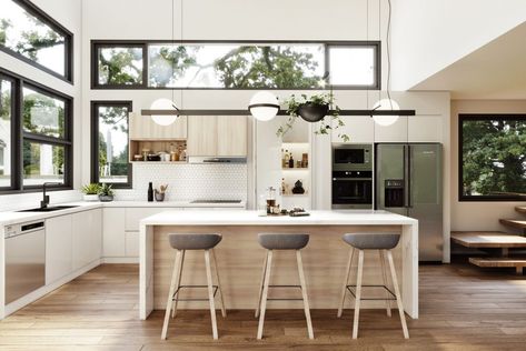 Island Kitchen Ideas Modern, Corner Kitchen Layout, Modern L Shaped Kitchens, Kitchen Layouts With Island, Moon Board, Modern Contemporary Kitchen, Bungalow Kitchen, Kitchen With Island, Indoor Kitchen