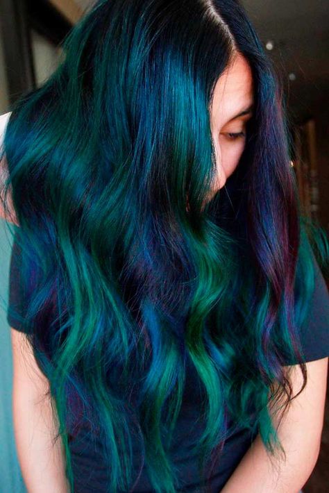 The Top Green Hair Color Ideas And How To Get Them Green And Blue Hair, Green Hair Color Ideas, Purple And Green Hair, Galaxy Hair Color, Green Hair Color, Oil Slick Hair, Dark Green Hair, Blue Green Hair, Galaxy Hair