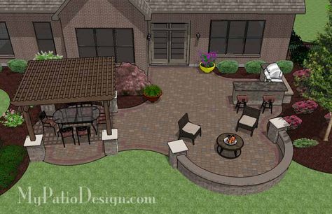 Large Curvy Patio Design with Grill Station + Bar Also Includes Seating Wall and 12 x 12 Cedar Pergola | Plan No. 1153rr | Download Installation Plan at MyPatioDesign.com Patio And Fire Pit, Patio Plan, Diy Patio Ideas, Patio Plans, Patio Grande, Patio Layout, Patio Pavers Design, Concrete Patios, Cedar Pergola