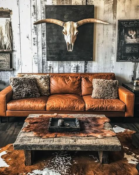 Western Farmhouse Living & Decor | Facebook Black And Brown Western Living Room, Rodeo House Decor, Cowboy Home Decor Ideas, Aztec Style Living Room, Western Entertainment Center, Western Couches Living Room, Western Plant Decor, Western Trailer Decor, Western Inspired Living Room