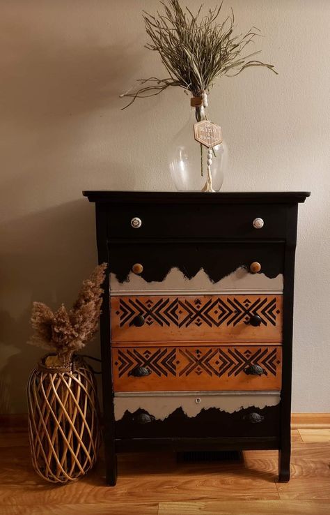 Redone Furniture Before And After, Aztec Furniture, Western Boho Nightstand, Diy Aztec Painted Furniture, Western Dresser Diy, Southwestern Nightstand, Western Painted Dresser Ideas, Dresser Makeover Western, Western Dresser