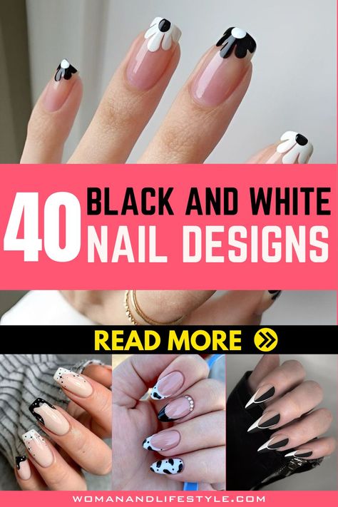 Black And White Nail Designs Black And White Manicure Ideas, Black And White Dip Nails, Black White And Grey Nails, White And Black Nails Design, Black White Nails Designs, Short Black And White Nails, Simple Black And White Nails, Black And White Short Nails, Black And White Nails Ideas