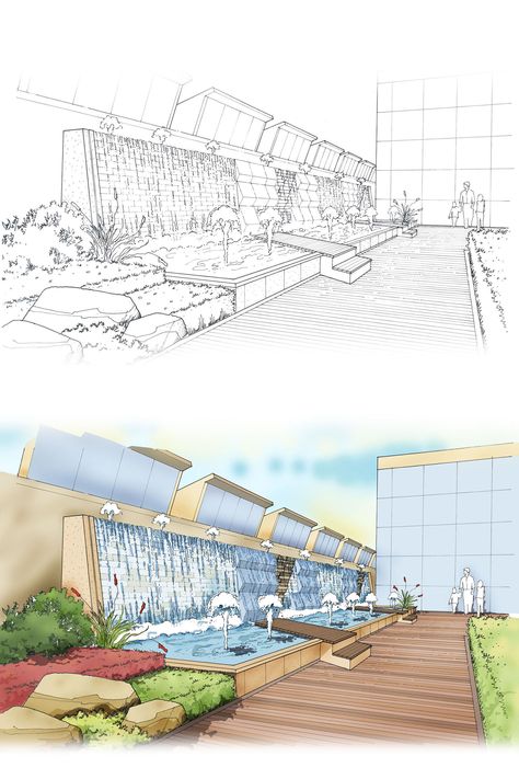 Perspective view of rooftop garden landscape design. Pen and digital media. Landscape Perspective Rendering, Landscape Design Perspective, Landscape Design Drawings Sketches, Rooftop Garden Plan, Landscape Perspective Drawing, Perspective Landscape Drawing, Rooftop Landscape Design, Landscape Rooftop, Roof Drawing