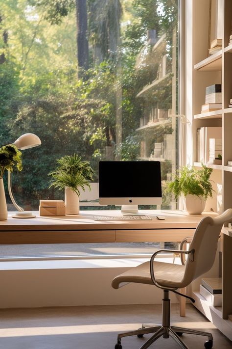 Window Work Desk, Desk In Front Of Window, Study Vibe, Window Desk, Wallpaper Tablet, Writing Corner, Minimalist Home Office, Cozy Desk, Desk Setups