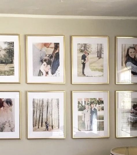 Wedding photo collage on wall Wedding Photos Above Couch, Wedding Photo Collage Wall, Wedding Photo Display Home, Photos Above Couch, Wedding Gallery Wall, Porch Lanterns, Wedding Photo Walls, Photo Wall Hanging, Wedding Photo Collage