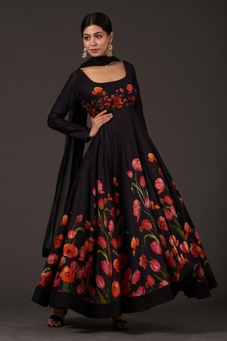 Chanderi Floral Print Anarkali Set Square Neck Anarkali, Floral Print Anarkali, Anarkali Tops, Black Anarkali, Printed Anarkali, Rohit Bal, Floral Squares, Indian Fashion Designers, Indian Sarees