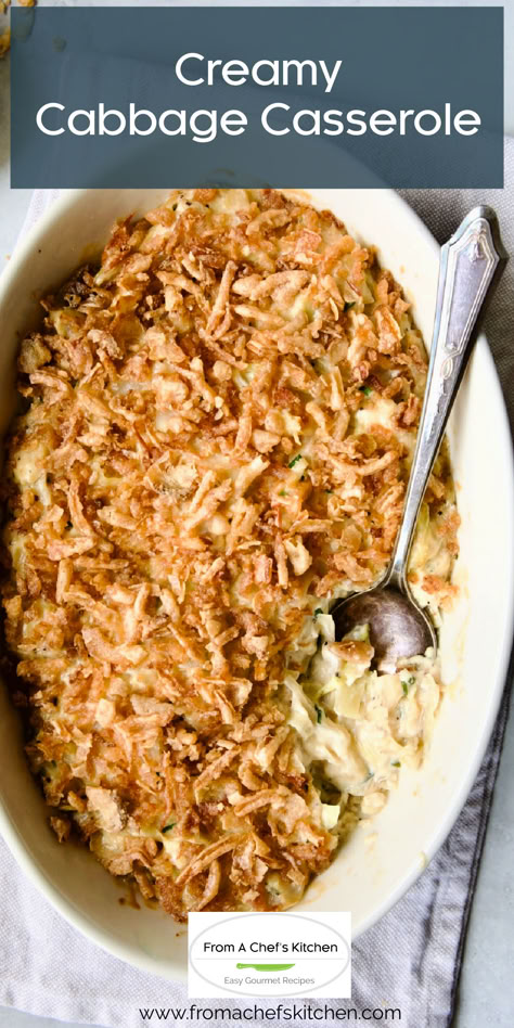 Creamy Cabbage Casserole in oval white baking dish with serving spoon. Cabbage As A Side Dish, Cabbage Gratin Recipe, Cheesy Cabbage Gratin, Cabbage Side Dish Recipes, Creamy Cabbage Casserole, Cabbage Gratin, Cozy Casseroles, Cabbage Casserole Recipe, Crockpot Cabbage Recipes