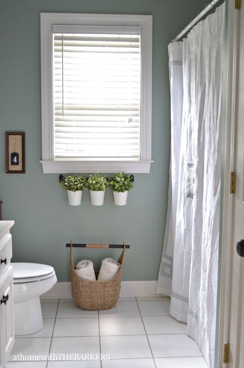 Holiday Ready Room Refresh using BEHR Marquee paint to totally transform a bathroom. A new look for a space with one can of paint. Makeover Kamar Mandi, Room Refresh, Bad Inspiration, Bathroom Paint Colors, White Shower Curtain, Bathroom Color, White Shower, Bathroom Windows, Bathroom Redo