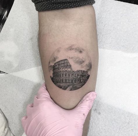 Miniature Colosseum Scenic tattoo Italy Themed Tattoos, Colleseum Rome Tattoo, Rome Italy Tattoo, Roman Colosseum Tattoo, Rome Inspired Tattoos, Roman Art Tattoo, Coliseum Tattoo, Colosseum Tattoo, Italy Tattoo Ideas