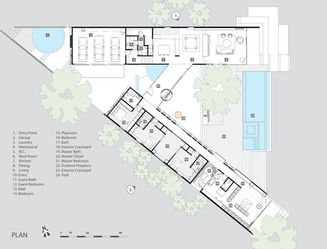 Idea 291561: Cascading Creek House by Bercy Chen Studio LP in United States Triangle House, Creek House, Courtyard House Plans, Villa Plan, Container House Plans, Courtyard House, Shipping Container Homes, Master Plan, Architecture Presentation