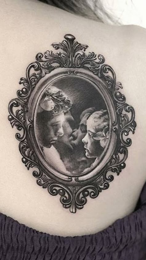 Oval Frame Tattoo Design, Haunted Mirror Tattoo, Framed Picture Tattoo, Tattoos With Frames, Antique Mirror Tattoo Vintage, Baroque Frame Tattoo, Old Frame Tattoo, Ornate Mirror Tattoo, Frame Tattoo Vintage