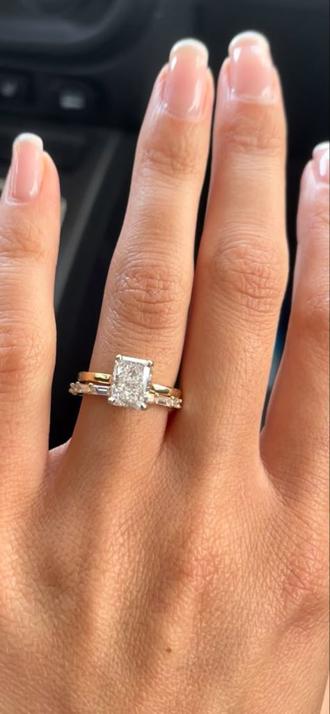 $15000 Engagement Ring, Radiant Engagement Ring Baguette, Emerald Cut Engagement Ring Baguette Band, Radiant Engagement Ring With Baguette Band, Baguette Wedding Band With Radiant Ring, Gold Wedding Band With Radiant Ring, 1.5 Ct Engagement Ring, Wedding Band With Emerald Cut Engagement Ring, Wedding Band Radiant Cut