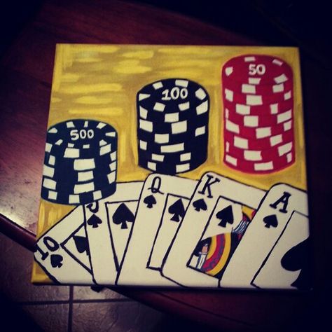 Poker themed canvas painting Cards Drawing Ideas Poker, Painting On Playing Cards Ideas, Gambling Painting, Casino Painting, Poker Canvas Painting, Poker Painting, Trippy Paintings, Mom Painting, Basement Painting